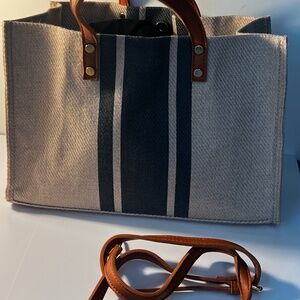 👜 Striped Canvas Tote Bag with Leather Handles – Preppy Market Style